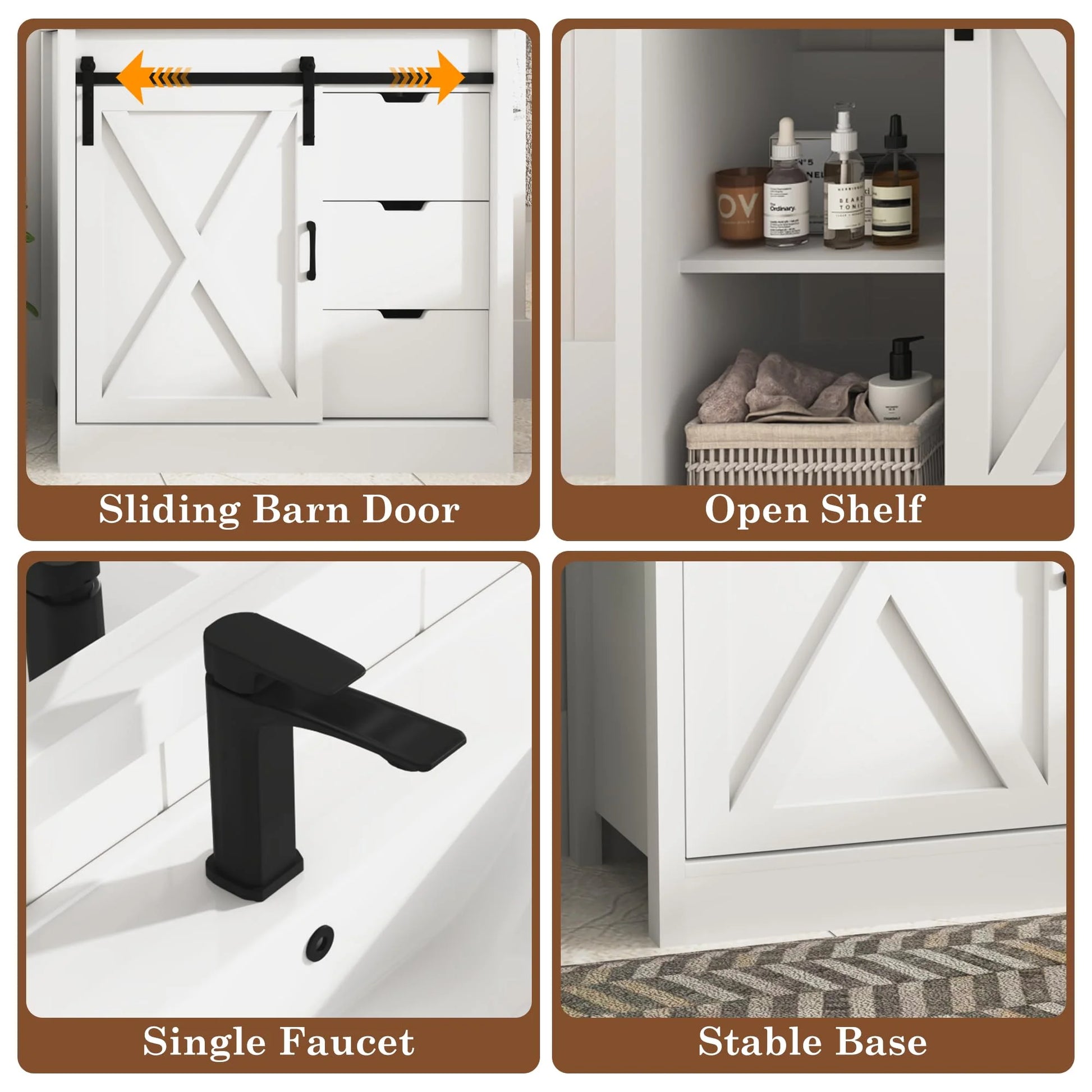 Blotout 36" Bathroom Vanity with Sink & Faucet & Mirror, Farmhouse Bathroom Vanity Cabinet Set with Sliding Barn Door & 3 Drawers, Freestanding Single Bath Storage Vanity Ceramic Sink, White