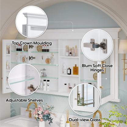 FORCLOVER 55"x 32" Bathroom Medicine Cabinet with 6 Adjustable Shelves, Recessed Mount Wooden Medicine Cabinet Storage with Mirrors and Soft-Close Door, White
