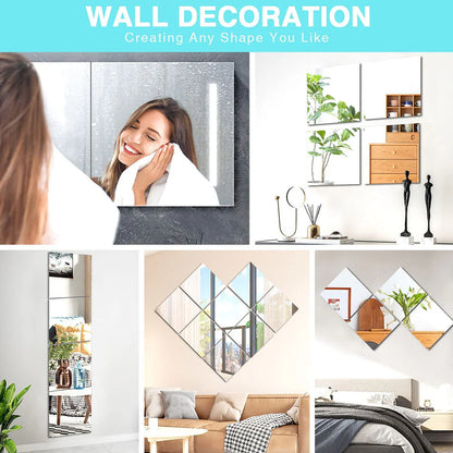 EUWBSSR 10pcs 12in Flexible Mirror Sheets Self-Adhesive Plastic Mirror Tiles Non-Glass Mirror Sticker,Ultra-Thin Flexible Mirror Sheets for Bedroom Closet Bathroom