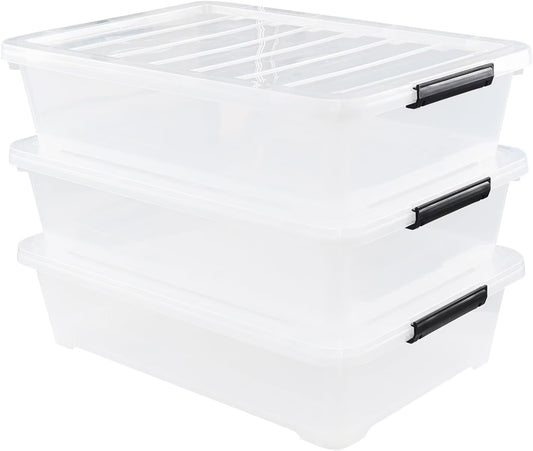 Esdiplot 3-Pack 40 L Clear Underbed Storage Container, Plastic Containers with Lids and Wheels, Under Bed Storage Bin for Cloths, Bedding, Books, Diapers, Shoes and Duvets