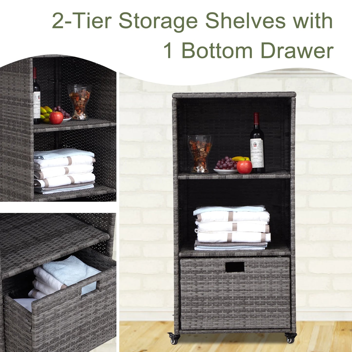 Kinbor Outdoor Pool Towel Rack, Waterproof PE Rattan Storage Cabinet Organizer with 2 Storage Shelves & 1 Bottom Drawer, Gray