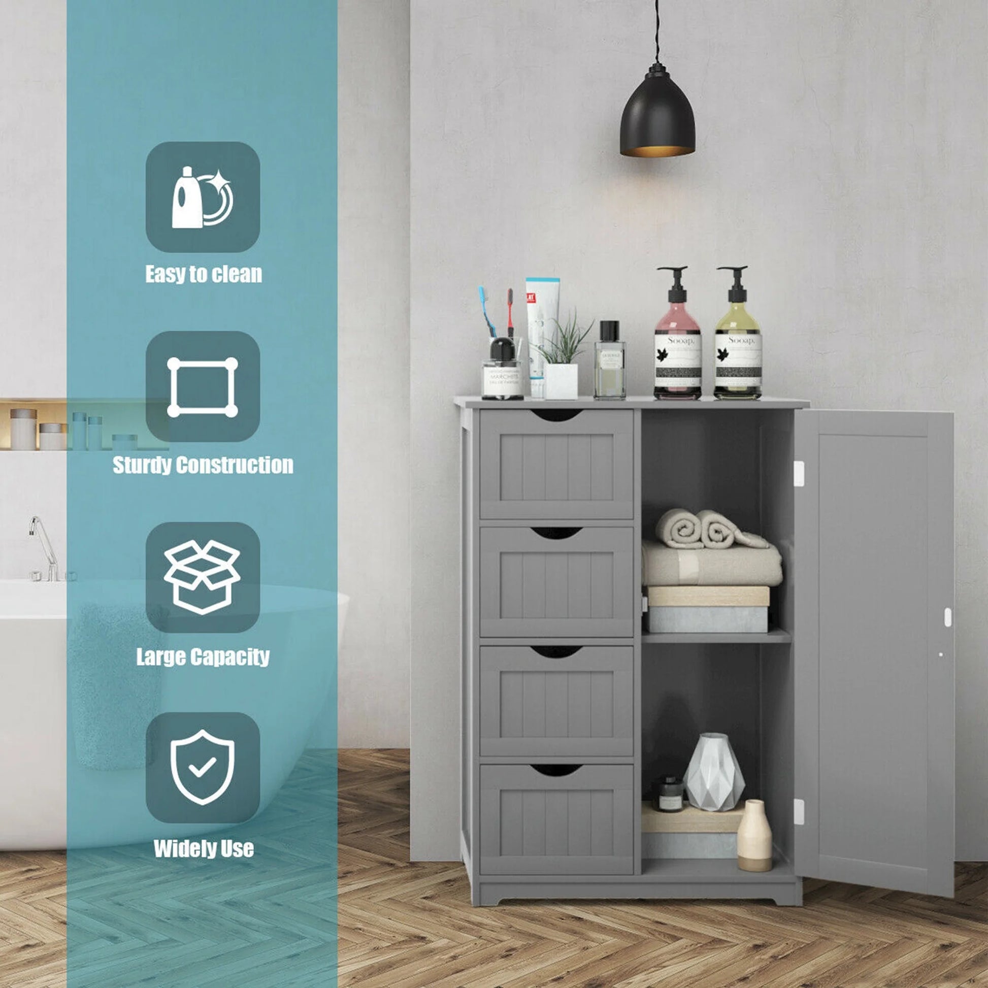 Gymax Bathroom Floor Cabinet Storage Organizer Cupboard w/4 Drawers Adjustable Shelf Grey