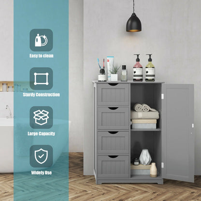 Gymax Bathroom Floor Cabinet Storage Organizer Cupboard w/4 Drawers Adjustable Shelf Grey
