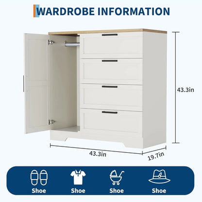 43.3" H Armoire Wardrobe Closet with 4 Drawers & Hanging Rod, Multifunctional Wood Storage Cabinet for Bedroom, Natural Oak