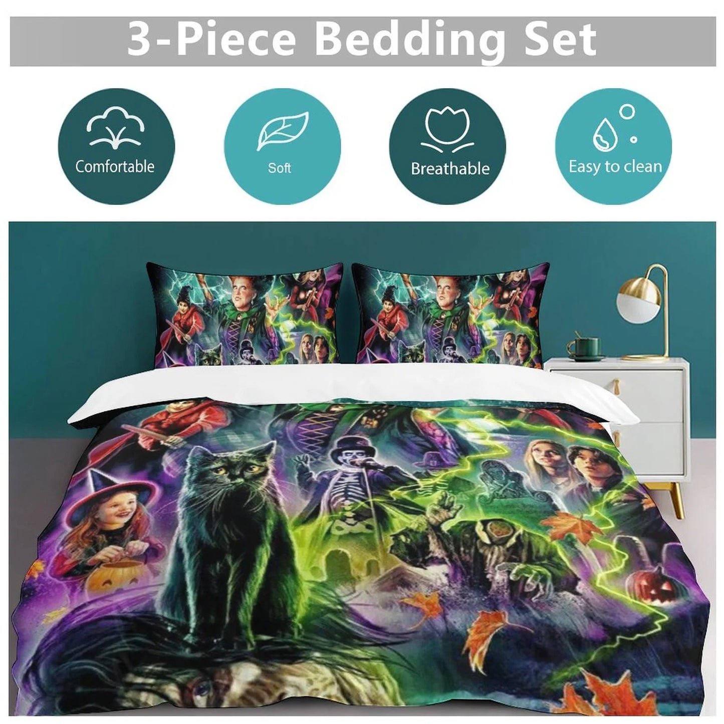Hocus Pocus 3 Pieces Quilt Cover Set Soft Bedding Set 1 Duvet Cover + 2 Pillow Shams Home Bed Cover 86"x70"