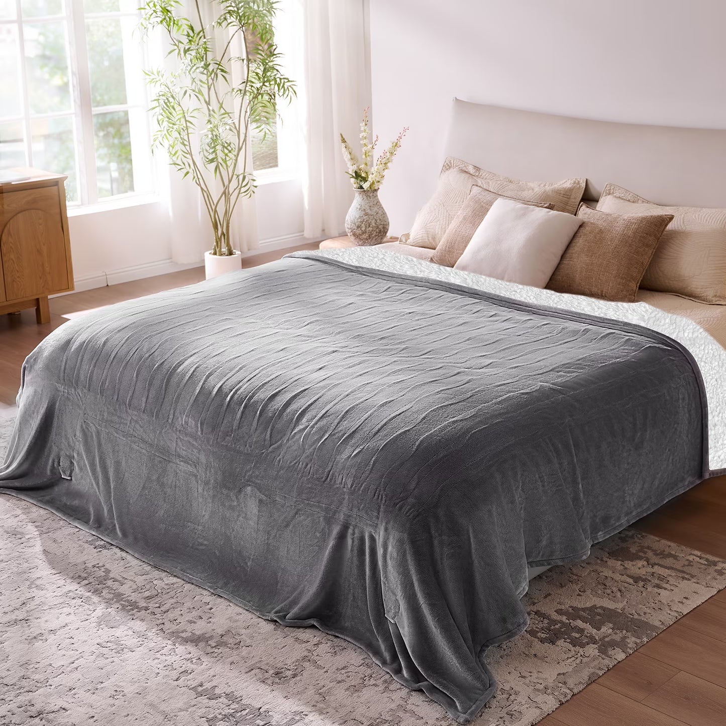 Ocuuziisu Electric Blanket 90" x 100" King Size Heated Blanket, Flannel and Sherpa, 10 Hour Auto-off, 9 Heat Settings, Fast Heating, Machine Washable, Gray