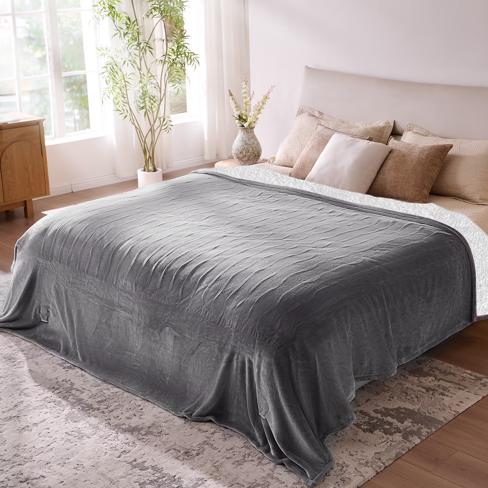 Ocuuziisu Electric Blanket 90" x 100" King Size Heated Blanket, Flannel and Sherpa, 10 Hour Auto-off, 9 Heat Settings, Fast Heating, Machine Washable, Gray