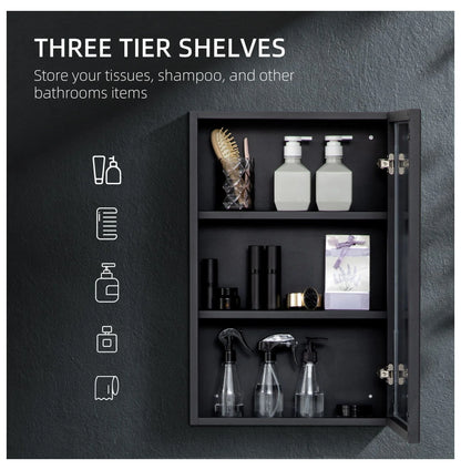 Compact Wall Cabinet, Black Single Door Medicine Cabinet with Mirror & Shelves for Bathroom or Home