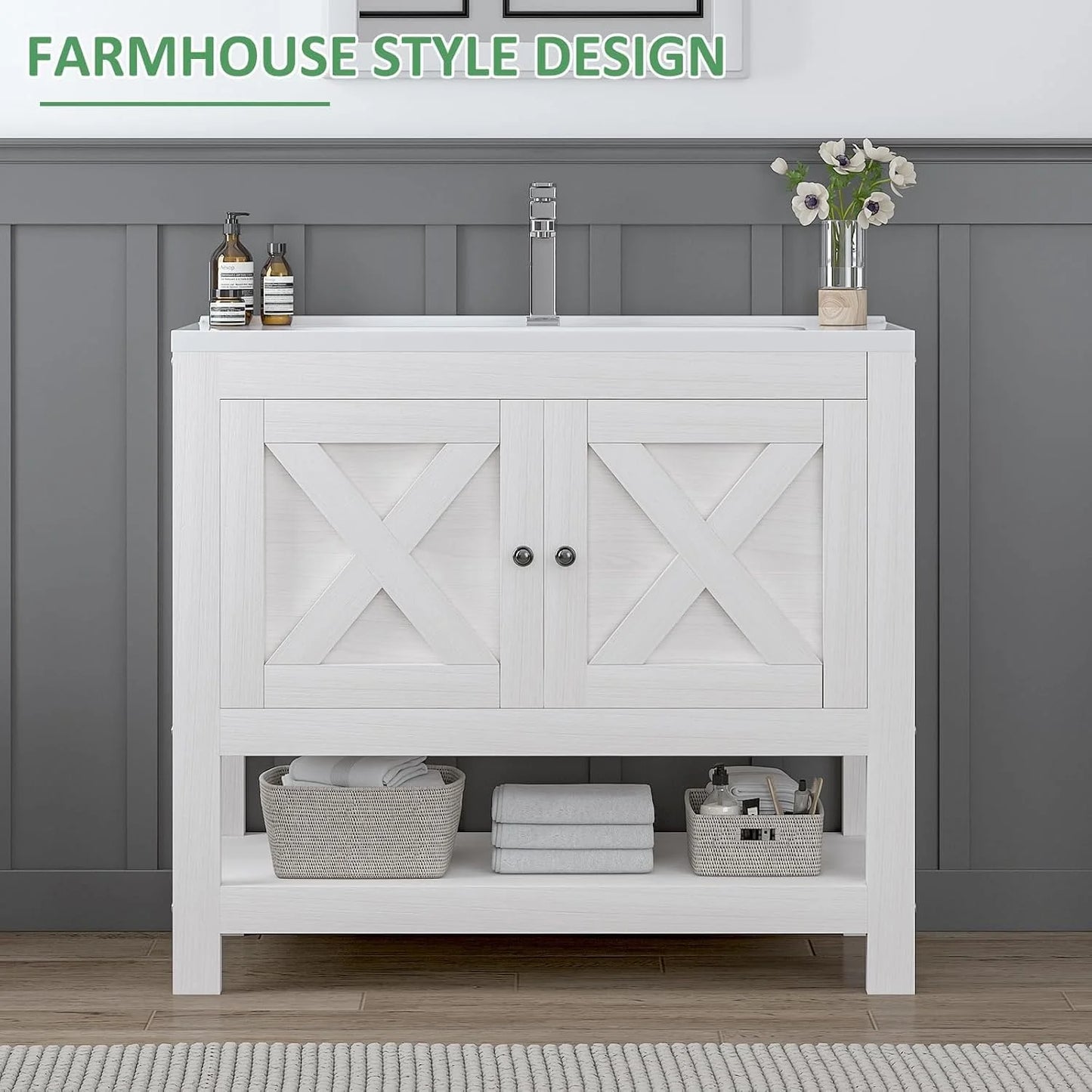 DreamCurship Bathroom Vanity with Sink Combo, 35'' Bathroom Storage Cabinet with Storage, Farmhouse Bathroom Vanity Cabinet with 2 Doors and Open Shelf, White