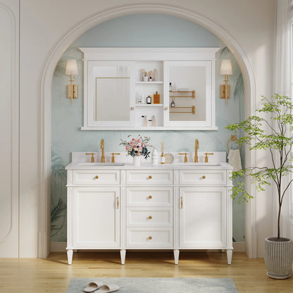 FORCLOVER 55"x 32" Bathroom Medicine Cabinet with 6 Adjustable Shelves, Recessed Mount Wooden Medicine Cabinet Storage with Mirrors and Soft-Close Door, White