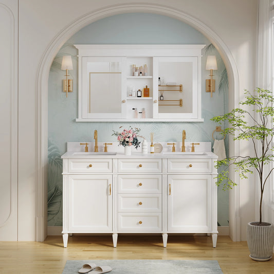 FORCLOVER 55"x 32" Bathroom Medicine Cabinet with 6 Adjustable Shelves, Recessed Mount Wooden Medicine Cabinet Storage with Mirrors and Soft-Close Door, White