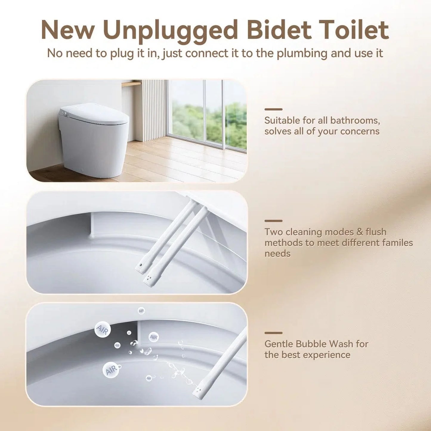 HOROW Non-electric Smart Bidet Toilet with Dual Nozzles Cleanse Built-in Pump for Power Flush Map 1000g ADA Chair Height