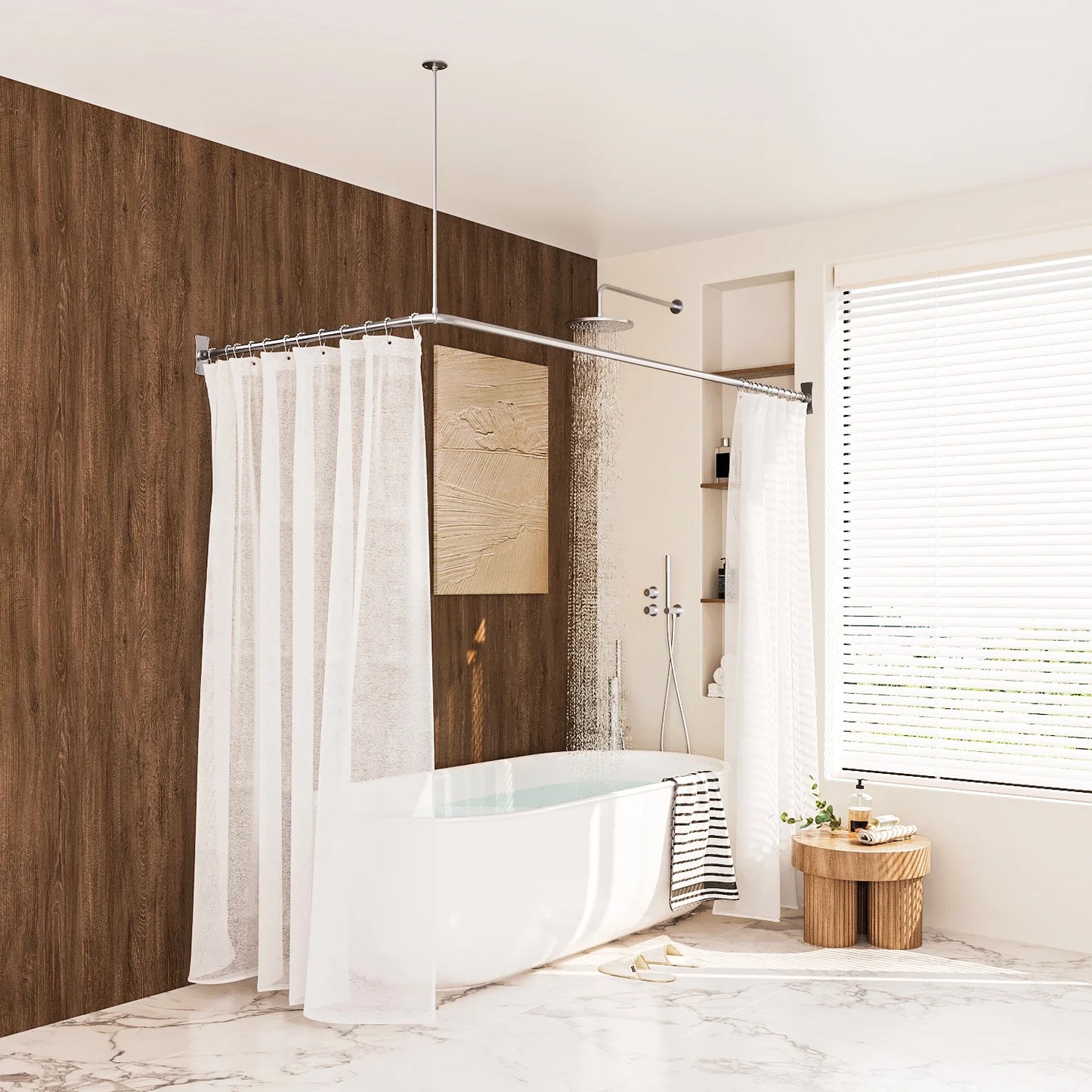 Naiture Stainless Steel 72'' x 48'' Corner Shower Curtain Rod with Ceiling Support, Black Finish