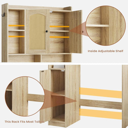 Over The Toilet Storage Cabinet with 3 Doors, Farmhouse Space Saver for Bathroom Organizer with Paper Holder, 10 Shelves and Hooks, 7-Tier Over Washing Machine Cabinet for Laundry, Bathroom, Natural