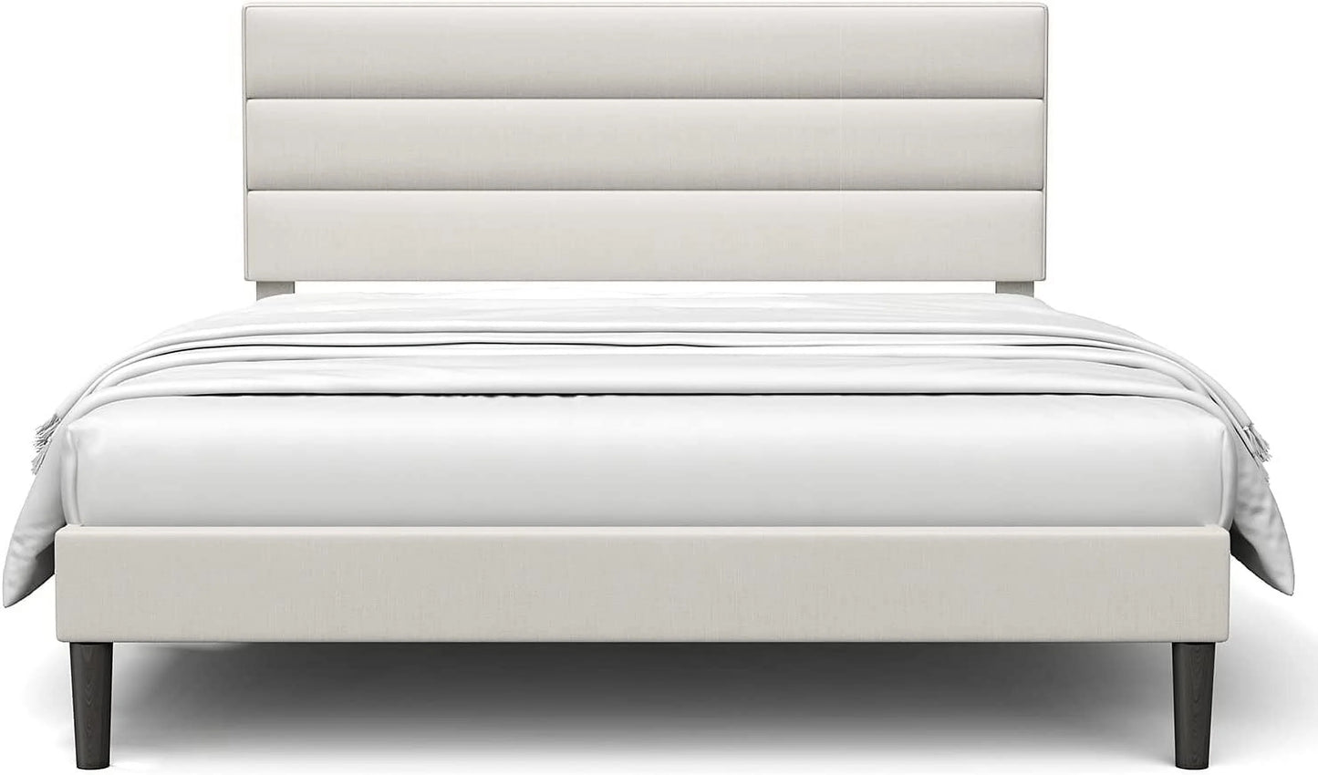 Bonsoir Queen Size Modern Horizontal Panel Upholstered Low Profile Platform Bed Frame With Tufted Headboard/No Box Spring Needed/No Bed Skirt Needed/Linen Fabric Upholstery/Beige