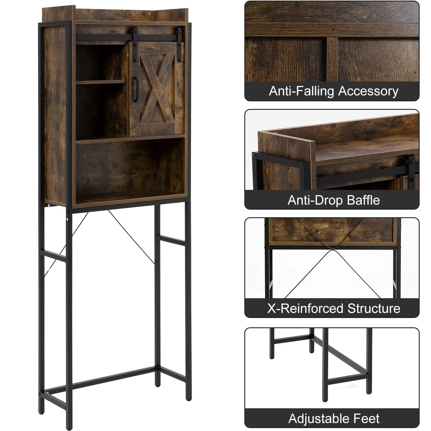 PWFE Farmhouse Over Toilet Bathroom Organizer, Freestanding Over The Toilet Storage Cabinet with Sliding Barn Door, Bathroom Space Saver Toilet Stands(Tan with metal frame)