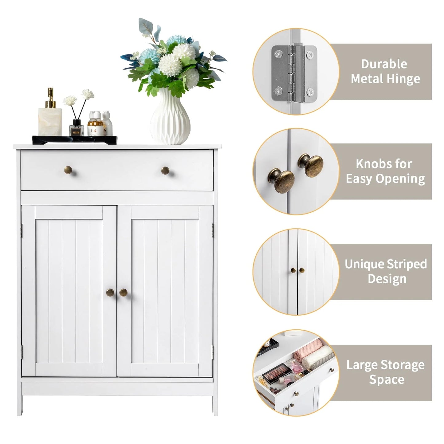 BaytoCare Wooden Free Standing Bathroom Floor Cabinet with Drawer and Double Doors, Bathroom Storage Organizer also Suitable for Kitchen Entryway Bedroom, White Finish