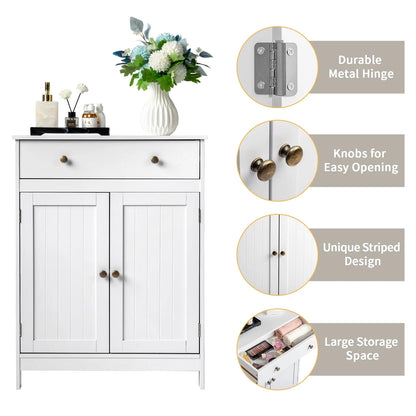 BaytoCare Wooden Free Standing Bathroom Floor Cabinet with Drawer and Double Doors, Bathroom Storage Organizer also Suitable for Kitchen Entryway Bedroom, White Finish