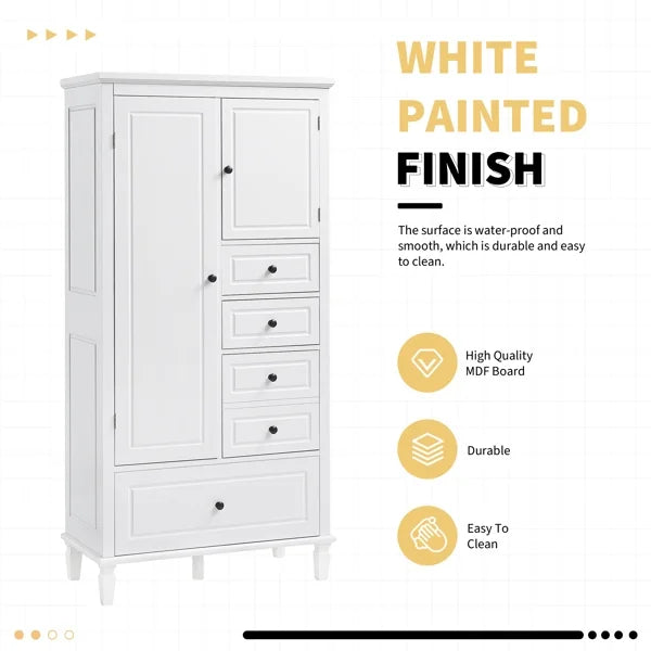 Tall White Storage Cabinet with 4 Drawers & Adjustable Shelves Multi-Functional Organizer for Bathroom, Office, Living Room Solid Pine & MDF (61.8" Height)