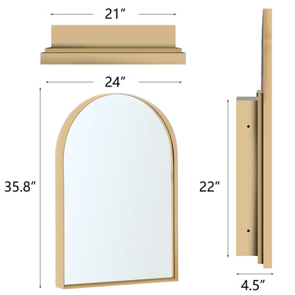 Soges 36" x 24" Arched Bathroom Mirror Cabinet Medicine Cabinet with 2 Adjustable Shelves, Recess or Surface Mounted Installation,,Gold