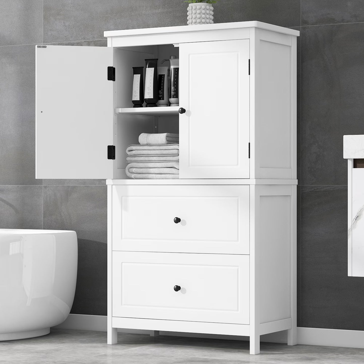 Aukfa 43.3" Tall Wood Storage Cabinet with Two Doors and Adjustable Shelves for Bathroom Kitchen, White