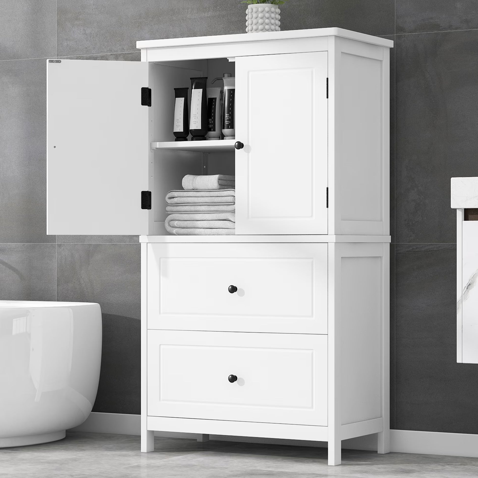 Aukfa 43.3" Tall Wood Storage Cabinet with Two Doors and Adjustable Shelves for Bathroom Kitchen, White