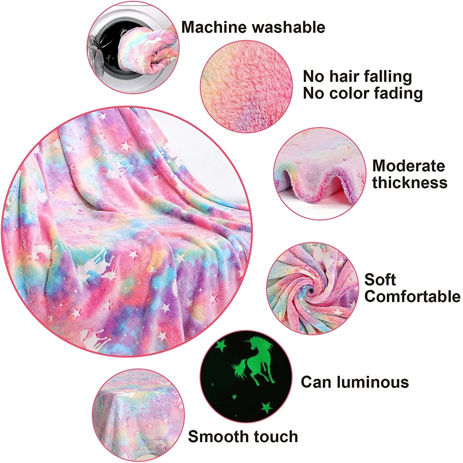 Unicorn Blanket for Girls, Glow in Dark Throw Blanket Lighted, Flannel Furry Fleece Blanket, Christmas Gifts for Kids Ages 3+ Years Old, 60in x 50in