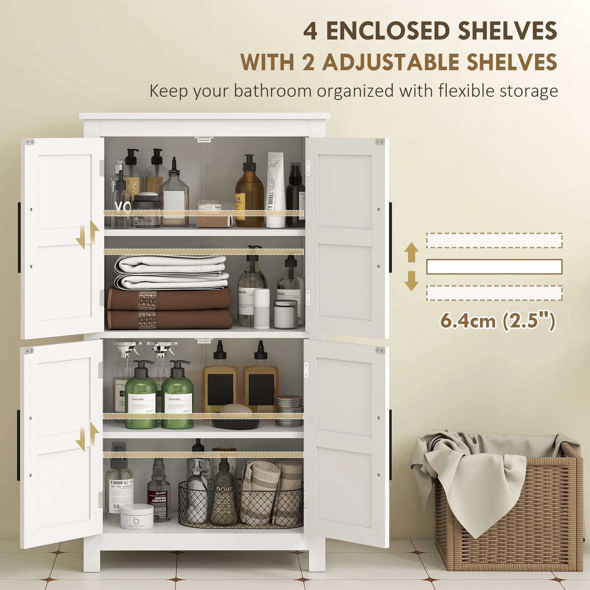 HOMCOM Bathroom Floor Cabinet, Farmhouse Bathroom Cabinet with Doors, White