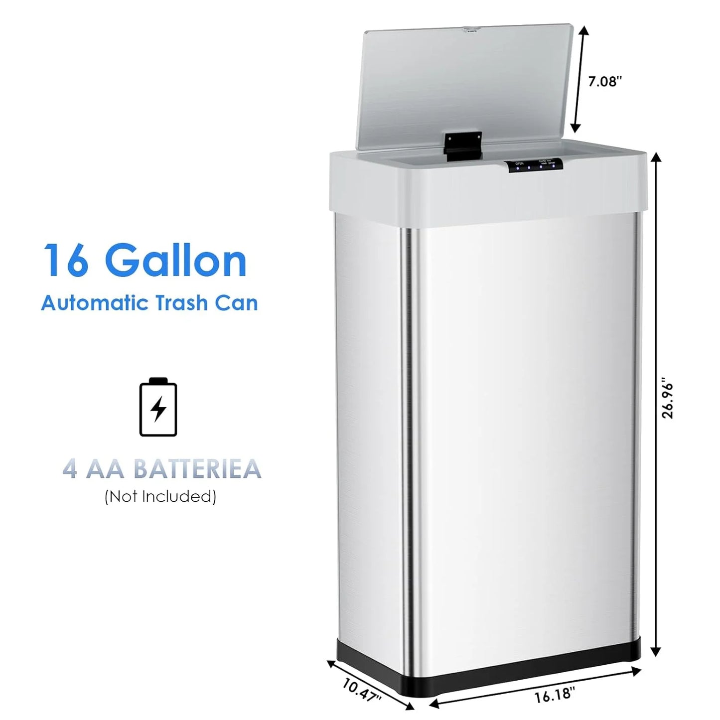 LAZY BUDDY 60 Liter/16 Gallon Stainless Steel Motion Sensor Trash Can for Kitchen, Bathroom, Rectangular
