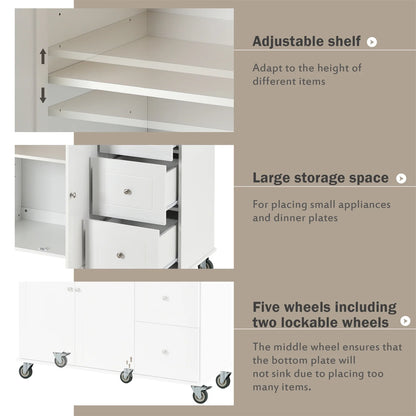 Kitchen Island Cart, Drop Leaf Kitchen Island on Wheels with Spice Rack, Towel Rack and 3 Drawers, Rolling Mobile Kitchen Island with Storage Cabinets and Solid Wood Top, White