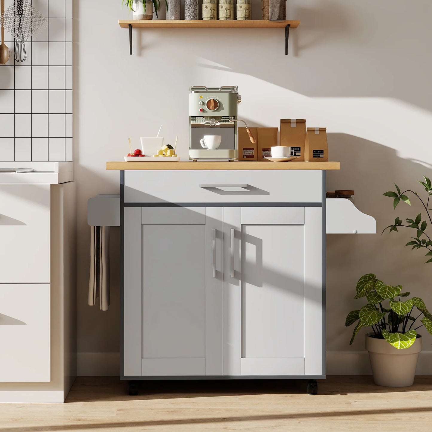 Giantex Kitchen Island Cart with Storage Cabinet on Wheels, Spice Rack Towel Rack & Drawer, Gray