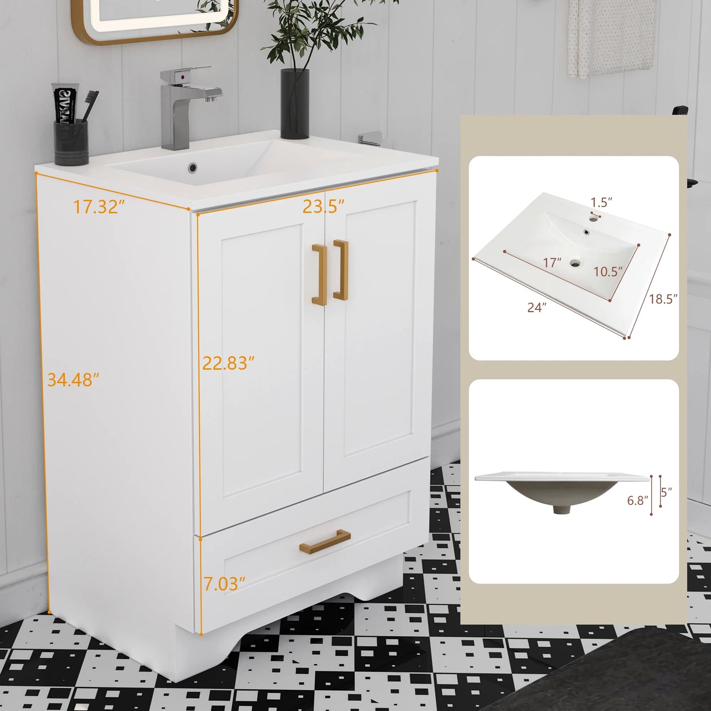 24" Bathroom Vanity with Ceramic Undermount Sink - Freestanding 2-Door & 1-Drawer Storage Cabinet, White