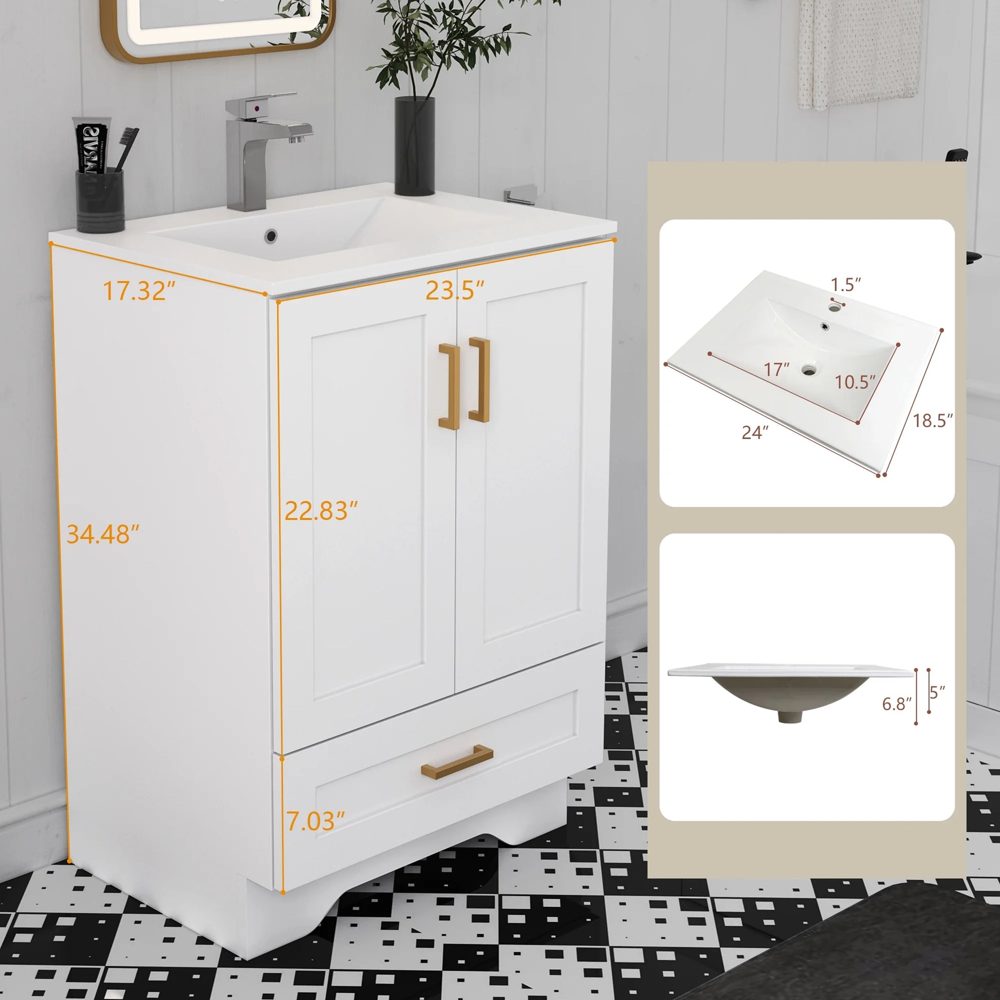 24" Bathroom Vanity with Ceramic Undermount Sink - Freestanding 2-Door & 1-Drawer Storage Cabinet, White