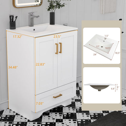 24" Bathroom Vanity with Ceramic Undermount Sink - Freestanding 2-Door & 1-Drawer Storage Cabinet, White