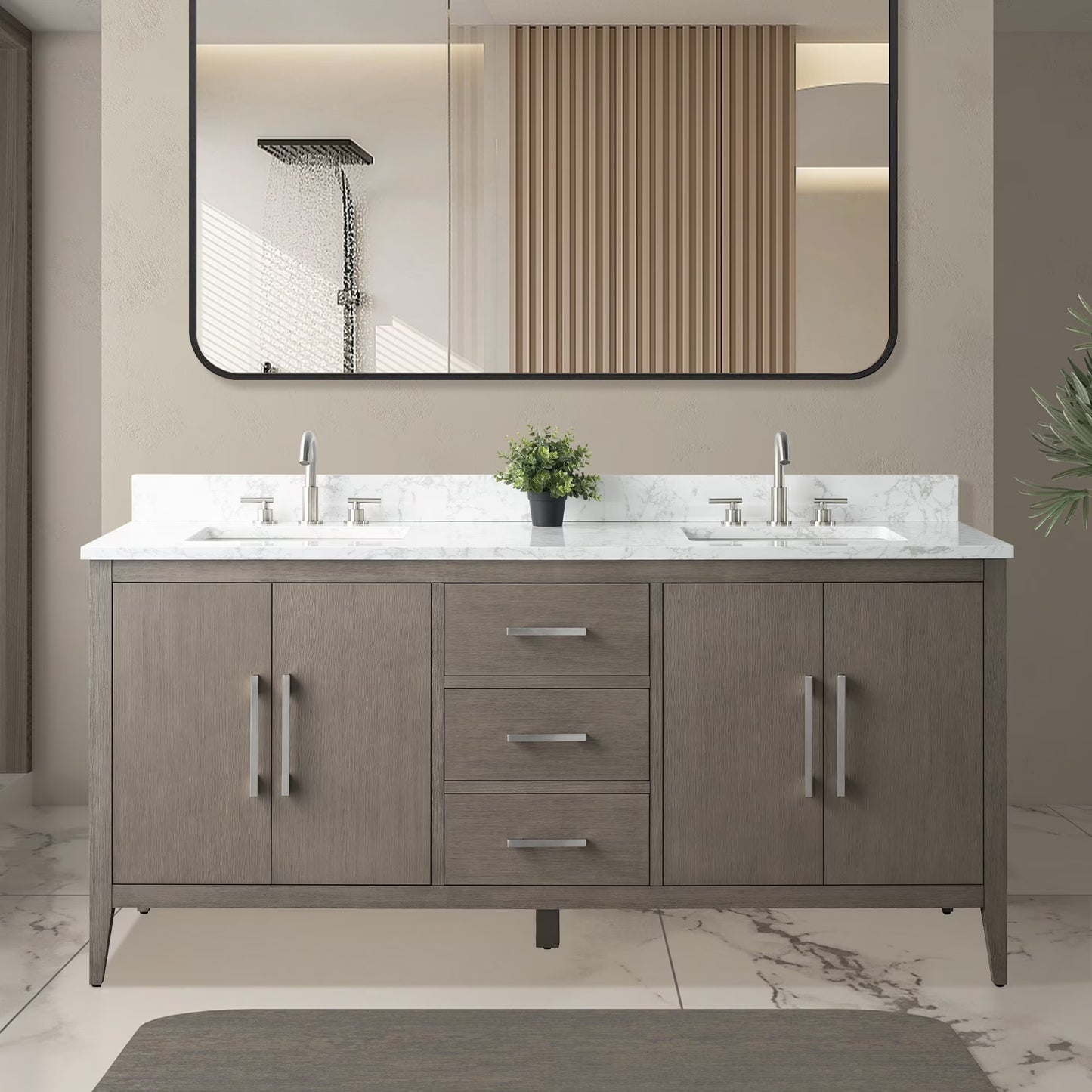 Vanity Art 72° Double Sink Bathroom Vanity Cabinet with Engineered Marble Countertop