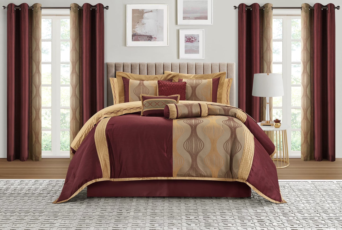 Lanco Elegant Black and Gold Comforter Set,Striped, 7 Pieces Jacquard Bedding Sets with Comforter for All Season, Bed Skirt, Pillows & Shams, Queen Size, Lightweight Microfiber