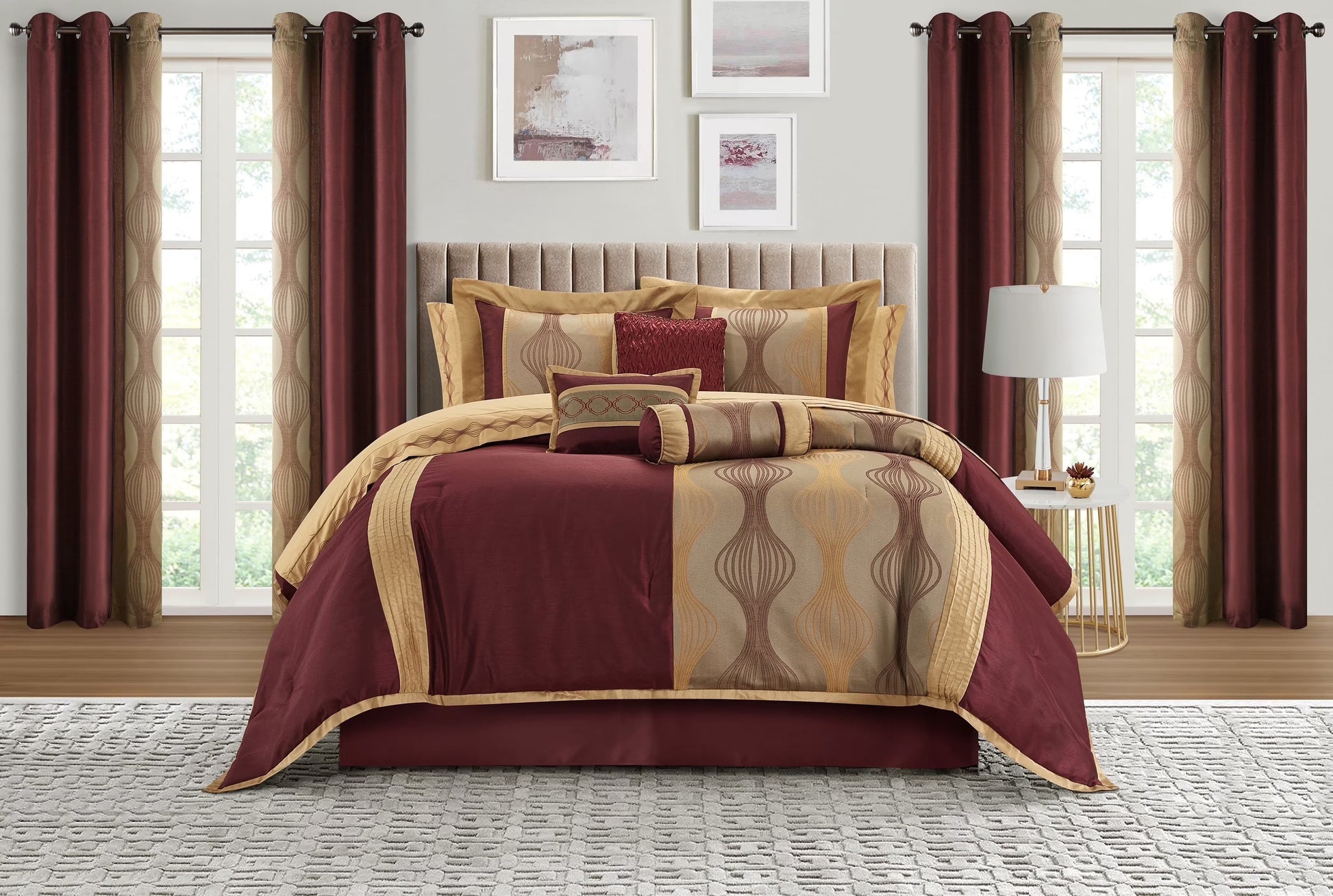Lanco Elegant Black and Gold Comforter Set,Striped, 7 Pieces Jacquard Bedding Sets with Comforter for All Season, Bed Skirt, Pillows & Shams, Queen Size, Lightweight Microfiber