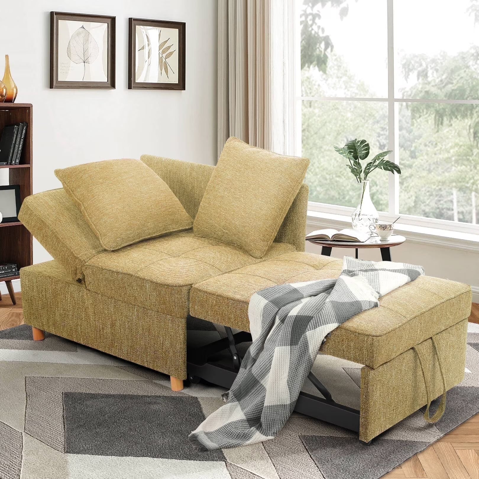 SEJOV 4-in-1 Convertible Sleeper Chair Bed, Linen Sofa Bed for Small Space, Futon Sofa with 2 Throw Pillows for Living Room, Single Recliner with 5 Adjustable Backrest for Bedroom Apartment, Brown