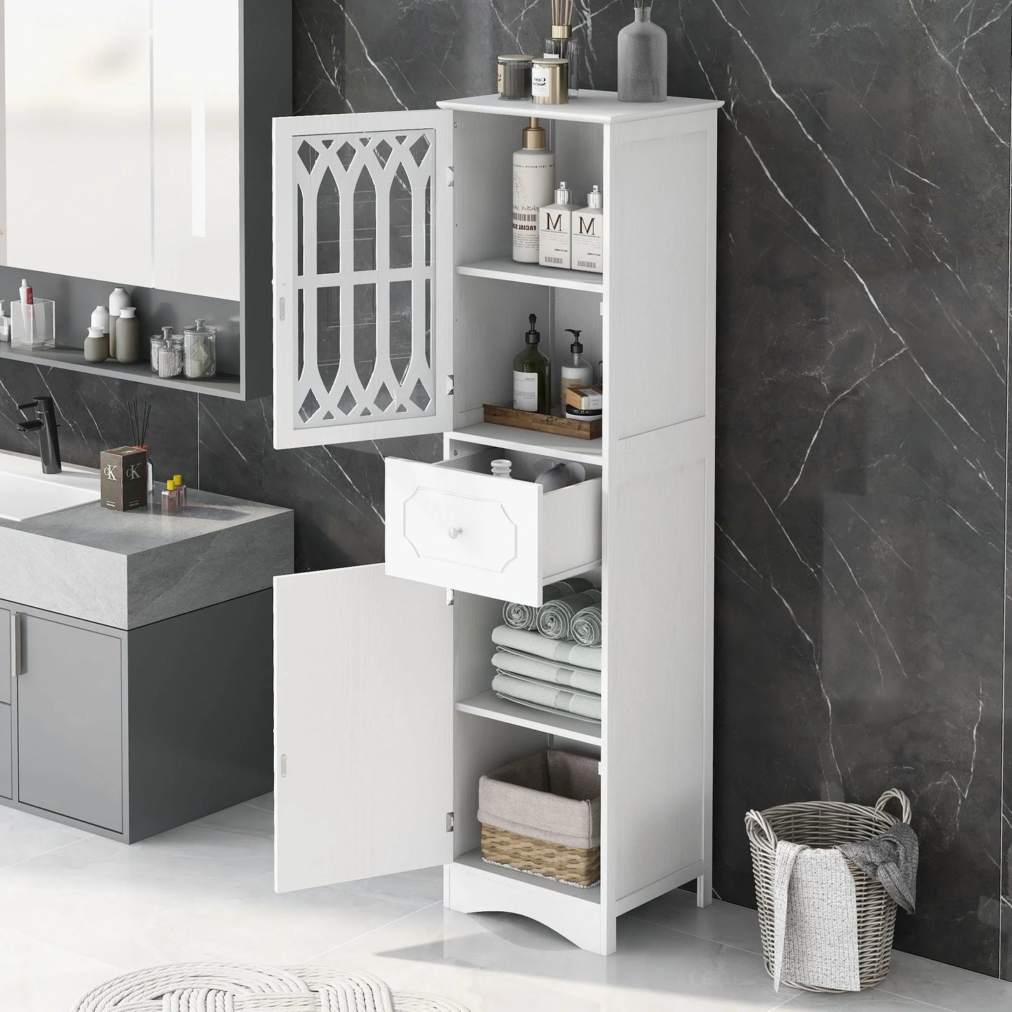 DEALTOPS Modern Bathroom Cabinet with Drawer and 2 Cabinets, Slim Freestanding Storage Cabinet with adjustable shelf for Bathroom - Gray