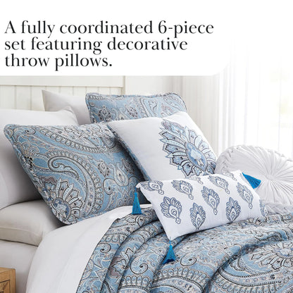 Southshore Fine LinensOversized 5-Piece Twin/Twin XL Quilt Bedding Set with two matching shams and three decorative throw pillows, oversized Paisley farmhouse bedspread Pure Melody Aqua