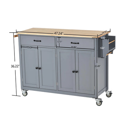 54.3" Kitchen Island Cart with Solid Wood Top and Locking Wheels, Large Trolley Cart with 4 Door Cabinet and 2 Drawers, Spice Rack, Towel Rack,Kitchen and Dining Room Utensils Organizer on Wheels,Blue
