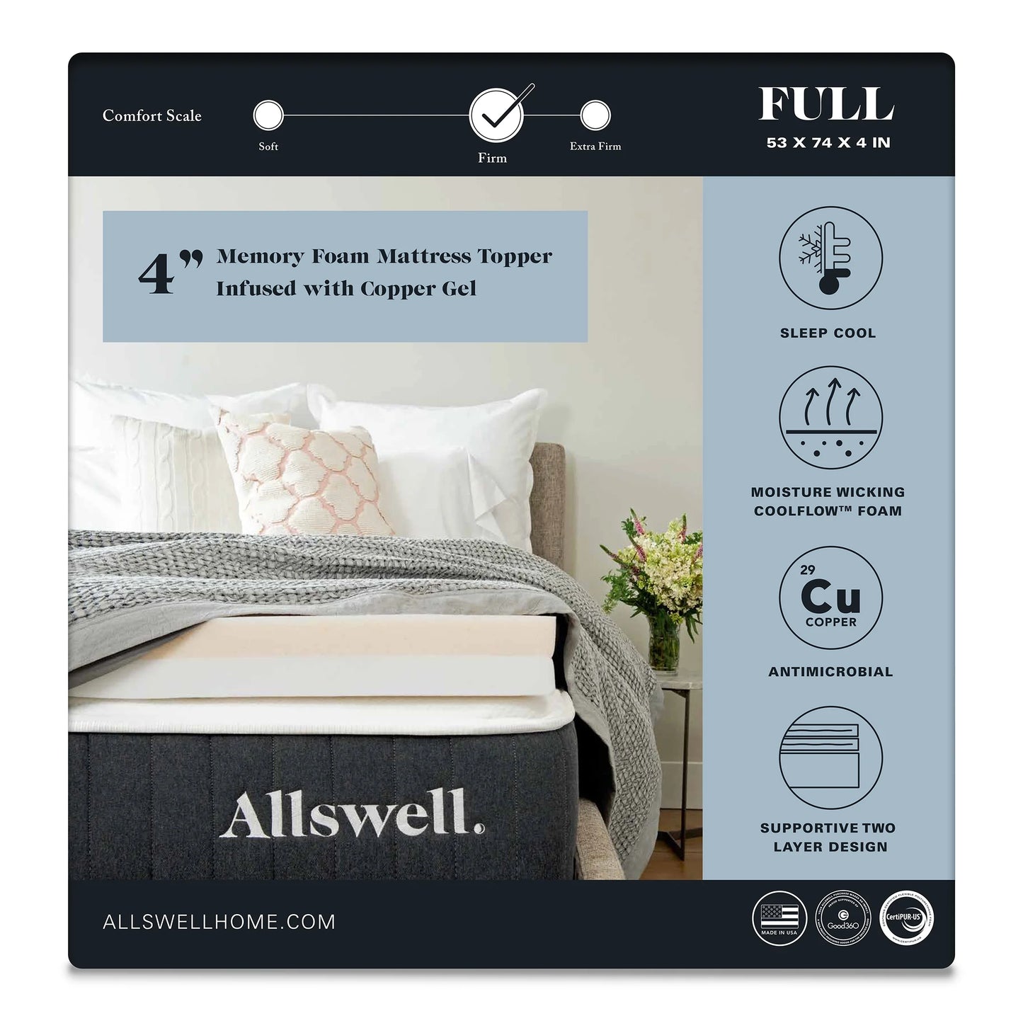 Allswell 4" Memory Foam Mattress Topper Infused with Copper Gel, Full