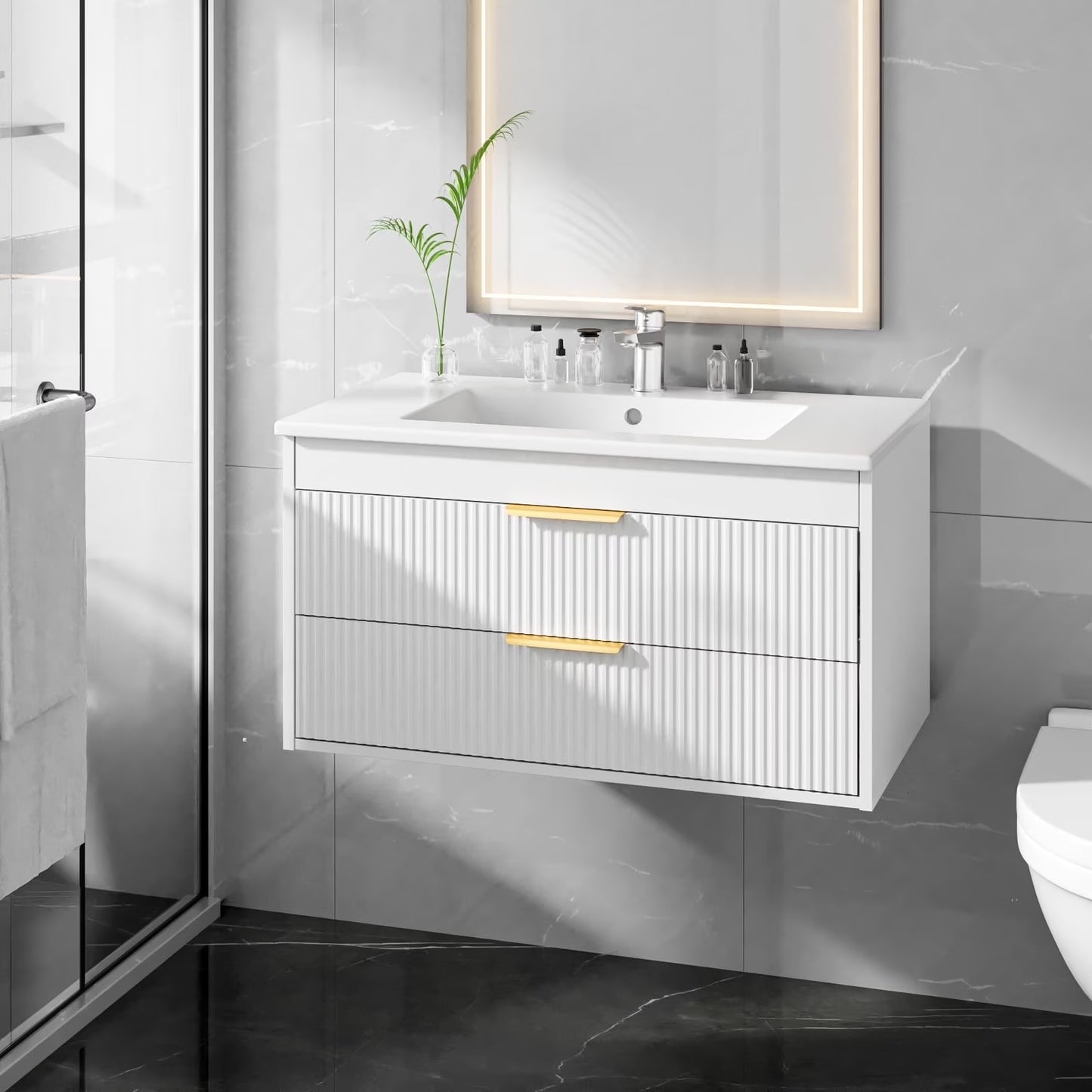 Advwin 30" Wall Mounted Bathroom Vanity with Ceramic Sink, Modern Floating Bathroom Storage Cabinet with Sensor Light & 2 Extra Large Drawers, White