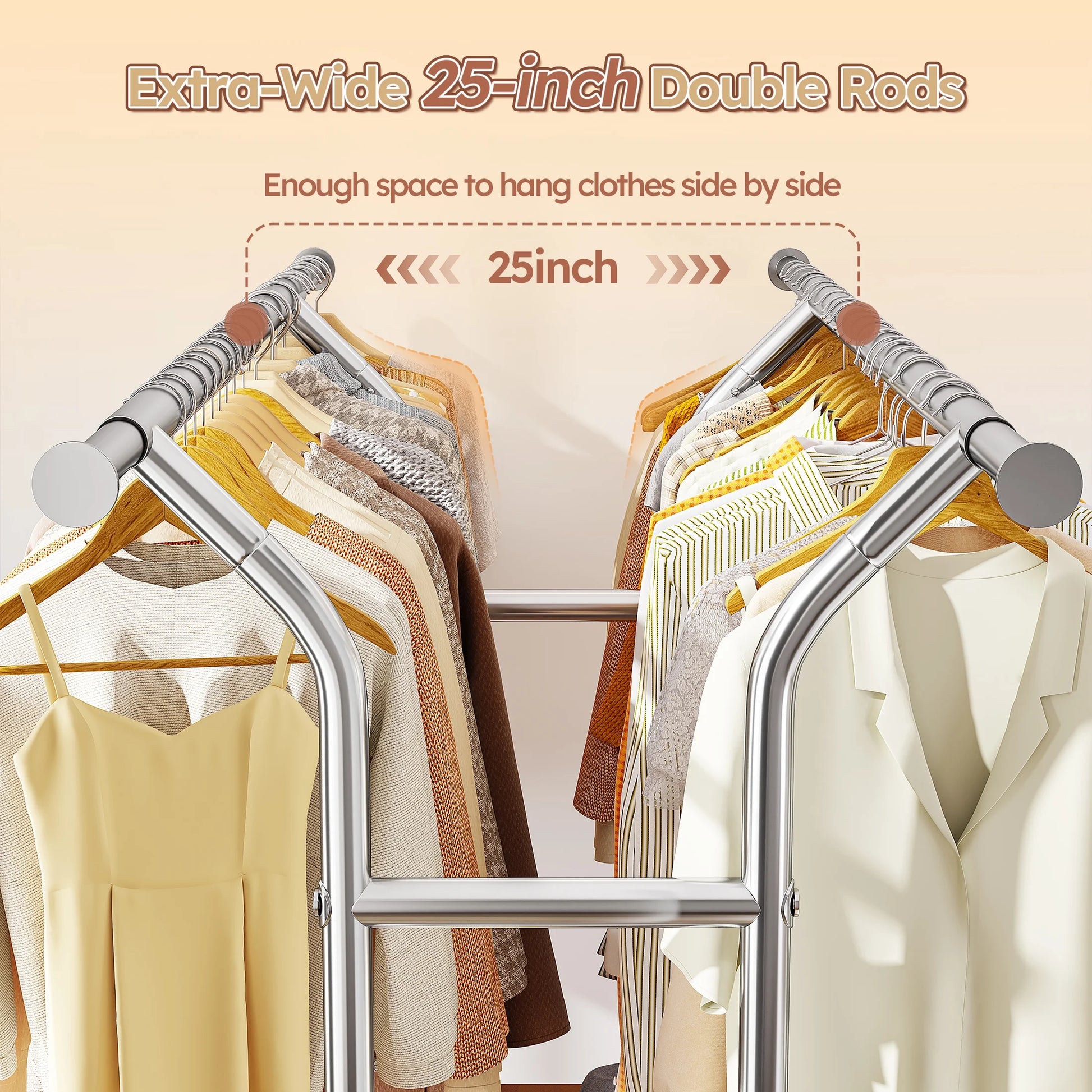 Clothes Rack with Wheels, Heavy-Duty Garment Rack for Hanging Clothes, Adjustable Freestanding Wardrobe Organizers and Storage with Double Sheves