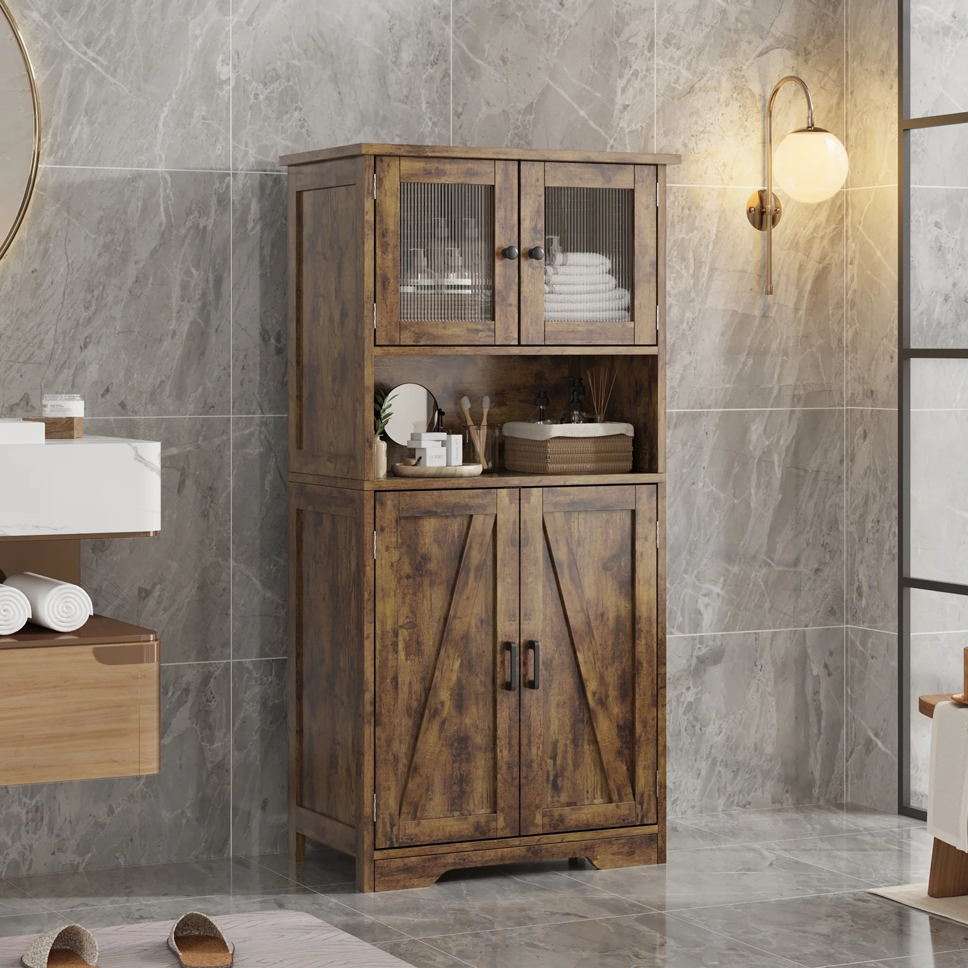 Kitchen Pantry Storage Cabinet with Doors and Shelves, 50.4" Freestanding Pantry Cabinets, Wooden Cupboard, Large Floor Cabinet for Bathroom, Kitchen, Dining Room, Living Room, Rustic Brown