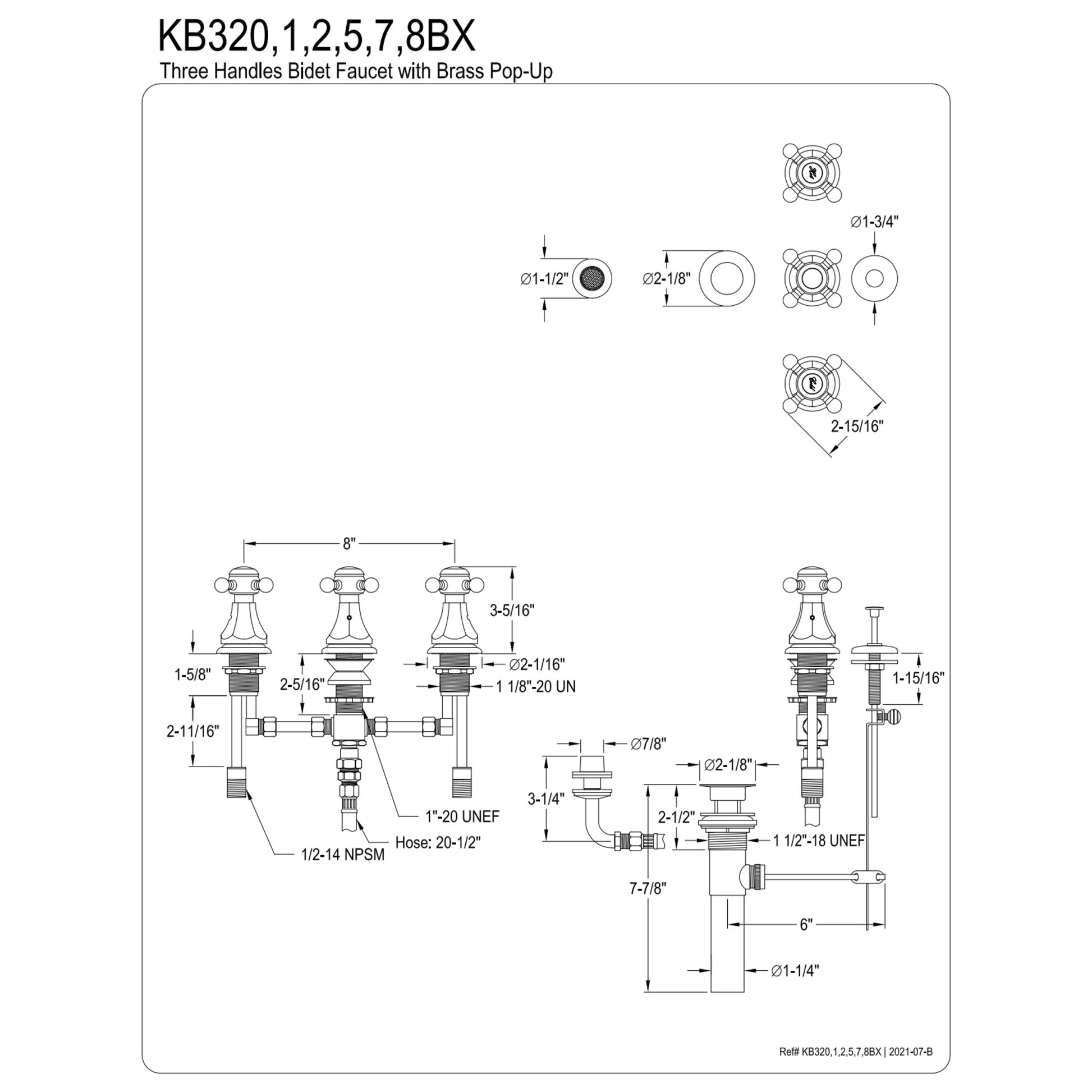 Kingston Brass KB320BX Metropolitan Three-Handle Bidet Faucet with Brass Pop-Up, Matte Black