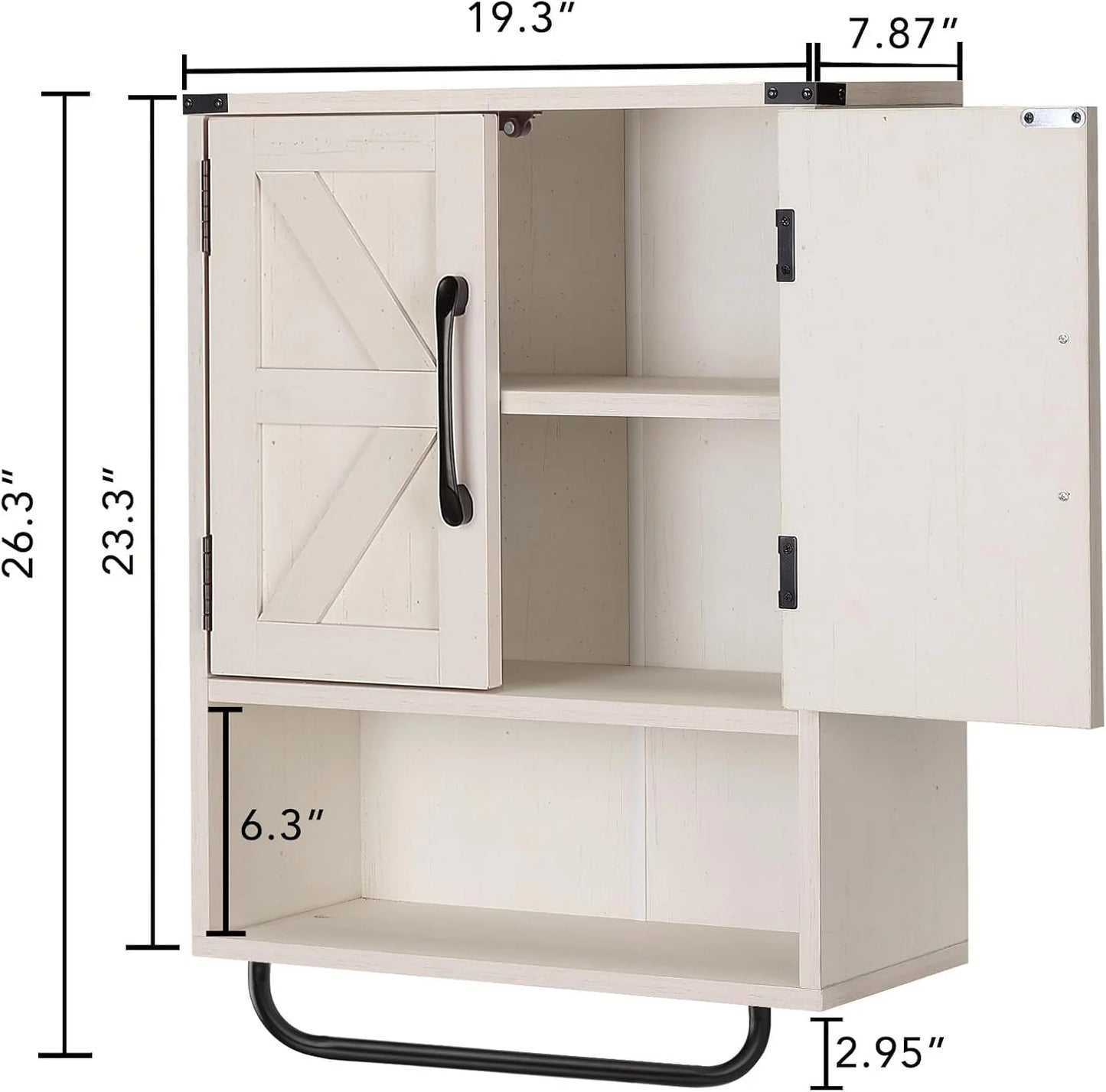 Farmhouse Wall Storage Cabinet with Two Barn Door, Rustic Mounted Medicine Cabinet with Adjustable Shelf and Towel Bar, 3-Tier Wood Cabinet for Kitchen, Bathroom, Living Room (Vintage White)