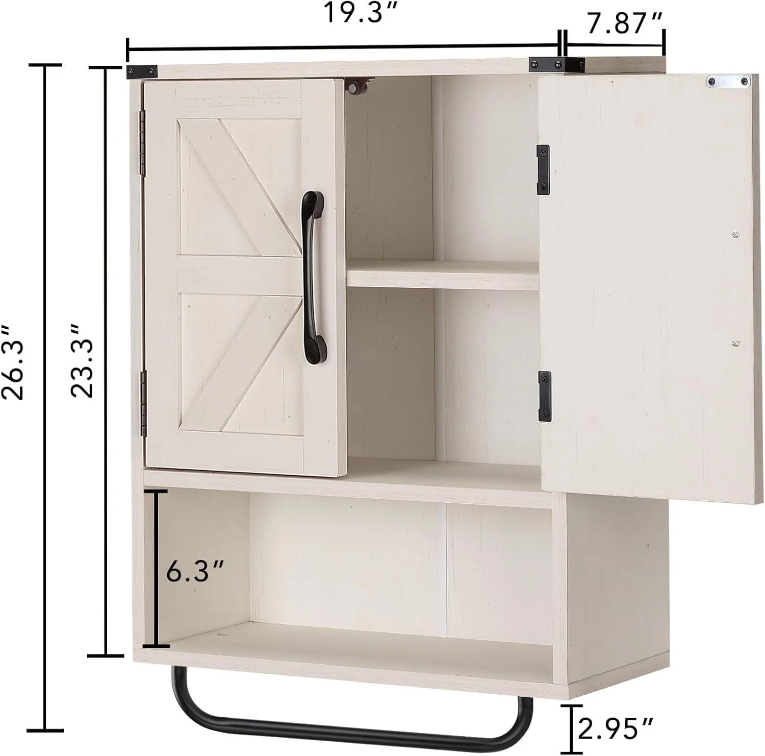 Farmhouse Wall Storage Cabinet with Two Barn Door, Rustic Mounted Medicine Cabinet with Adjustable Shelf and Towel Bar, 3-Tier Wood Cabinet for Kitchen, Bathroom, Living Room (Vintage White)