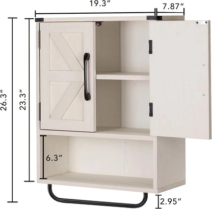 Farmhouse Wall Storage Cabinet with Two Barn Door, Rustic Mounted Medicine Cabinet with Adjustable Shelf and Towel Bar, 3-Tier Wood Cabinet for Kitchen, Bathroom, Living Room (Vintage White)