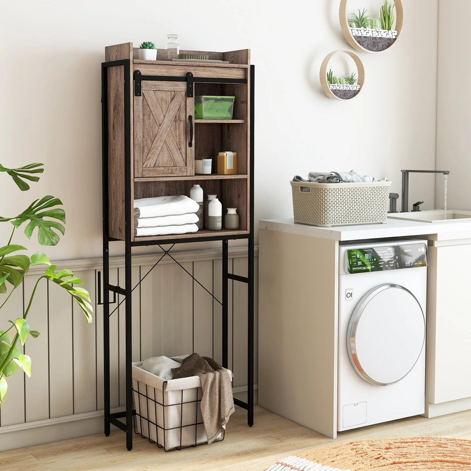 Topbuy Over The Toilet Storage Cabinet 4-Tier Bathroom Organizer w/Adjustable Shelves Sliding Barn Door & Toilet Paper Holder Rustic Brown